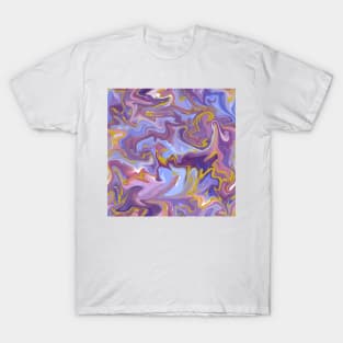 Fantasy Unicorn with Gold Silk Marble - Lilac Purple, Cornflower Blue, and Soft Pink Liquid Paint Pattern T-Shirt